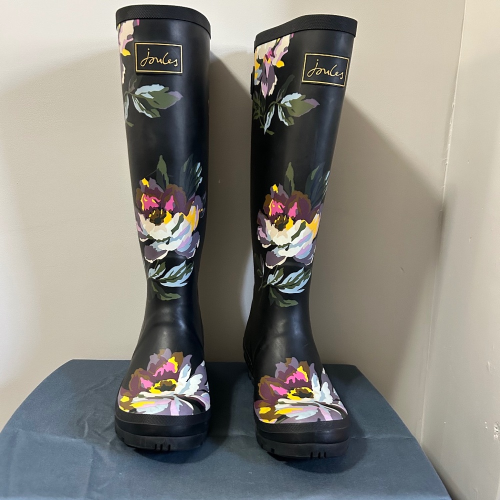Joules knee-high black floral rain boots